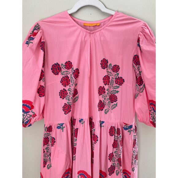 Oliphant Tuckernuck Boca Pink Puff Sleeve Maxi Midi Cotton Block Print Dress - Picture 13 of 16